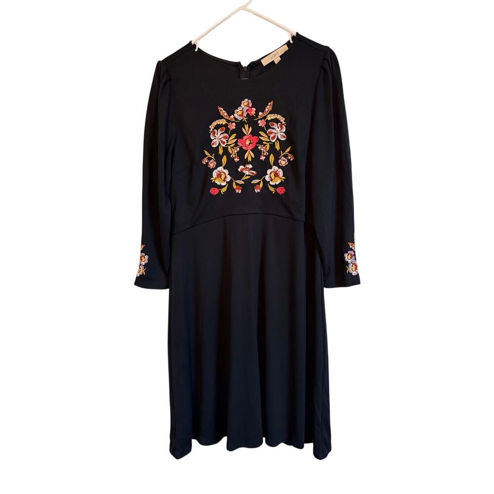 Loft Floral Embroidered Fit & Flare Dress Black Long Sleeve Knit 10 Cottagecore